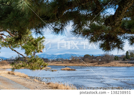 Japan: Kamo River and pine trees in Arashiyama, Kyoto, and Togetsukyo Bridge 138238931