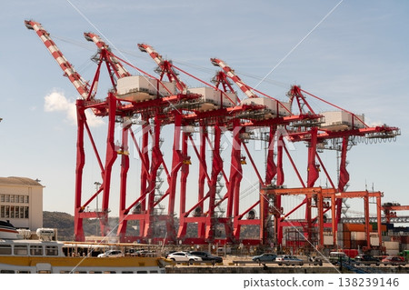 Red container cranes at Port of Lisbon, Portugal Red container cranes at Port of Lisbon, Portugal 138239146