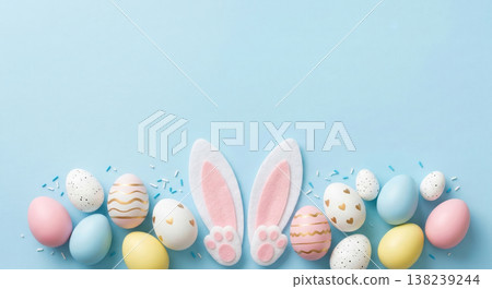 Easter eggs and flowers frame on mint green background, colorful spring border 138239244