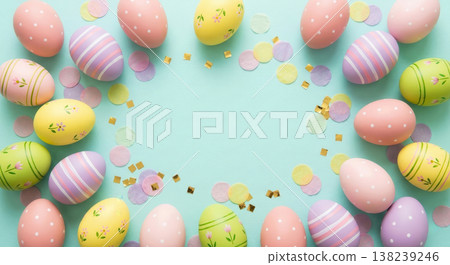 Easter eggs and flowers frame on mint green background, colorful spring border 138239246