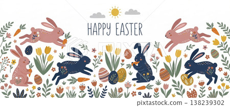 Easter Bunnies Hopping in Spring Florals with Happy Easter Greeting Easter Bunnies Hopping in Spring Florals with Happy Easter Greeting 138239302