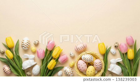 Easter eggs in basket with tulips and bunnies on beige background 138239303