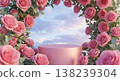 Pink roses floral archway with empty podium, elegant display for product or gift, beautiful sky background Pink roses floral archway with empty podium, elegant display for product or gift, beautiful sky background 138239304