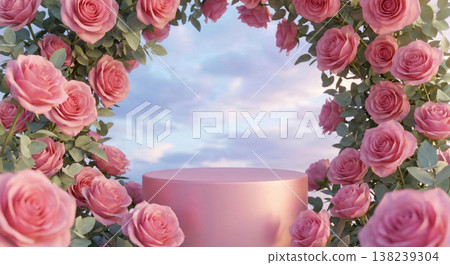 Pink roses floral archway with empty podium, elegant display for product or gift, beautiful sky background Pink roses floral archway with empty podium, elegant display for product or gift, beautiful sky background 138239304