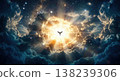 Dove flying through radiant sunburst in cloudy sky with stars Dove flying through radiant sunburst in cloudy sky with stars 138239306