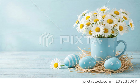 Easter decoration with blue eggs and daisies in mug on nest Easter decoration with blue eggs and daisies in mug on nest 138239307