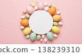 Easter eggs circle frame, colorful decorated eggs on pink background, festive holiday symbol Easter eggs circle frame, colorful decorated eggs on pink background, festive holiday symbol 138239310