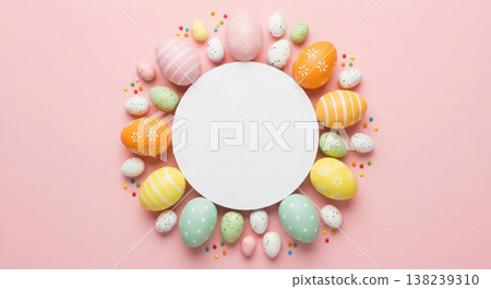 Easter eggs circle frame, colorful decorated eggs on pink background, festive holiday symbol Easter eggs circle frame, colorful decorated eggs on pink background, festive holiday symbol 138239310