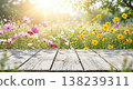 Vibrant wildflowers on rustic wooden deck at sunrise, natural scenery with colorful blooms and sunny background Vibrant wildflowers on rustic wooden deck at sunrise, natural scenery with colorful blooms and sunny background 138239311