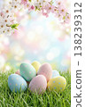 Colorful Easter eggs on green grass with blooming flowers, spring holiday decoration Colorful Easter eggs on green grass with blooming flowers, spring holiday decoration 138239312