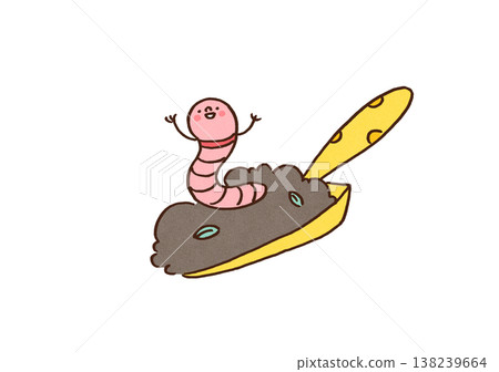 An illustration of a cute, smiling earthworm with fluffy compost soil on a yellow shovel (Eco, Agriculture, SDGs) 138239664