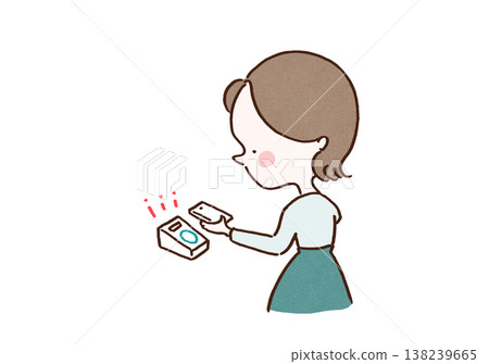 An illustration of a woman making a smart payment with her smartphone (electronic money) (Shopping, Lifestyle, IT) 138239665
