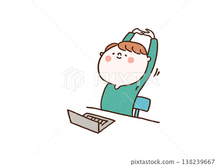 An illustration of a man stretching comfortably with both arms raised during a break from working on his computer (business/remote work). An illustration of a man stretching comfortably with both arms raised during a break from working on his computer (business/remote work). 138239667