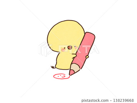 An illustration of a chick happily drawing with a large pink colored pencil (Education, Art, Parenting) 138239668