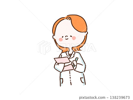 An illustration of a female doctor/pharmacist holding a pink medical chart and smiling gently (medical/clinic). An illustration of a female doctor/pharmacist holding a pink medical chart and smiling gently (medical/clinic). 138239673