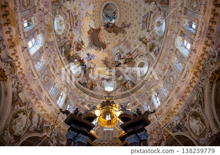 Vicoforte, piedmont, italy. July 21, 2024. Ornate elliptical dome of the sanctuary of vicoforte in italy, featuring detailed baroque frescos, elaborate decoration, and classical architecture Vicoforte, piedmont, italy. July 21, 2024. Ornate elliptical dome of the sanctuary of vicoforte in italy, featuring detailed baroque frescos, elaborate decoration, and classical architecture 138239779