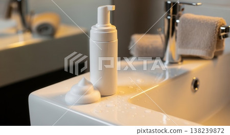 White foam dispenser bottle with a swirl of fluffy cleansing mousse on a wet bathroom sink in soft morning light. 138239872