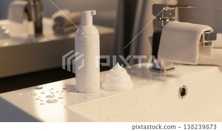 A minimalist white pump bottle and facial foam on a bright, wet bathroom counter featuring a modern chrome faucet and towels. 138239873