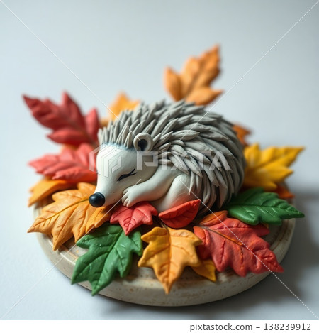 Cute handmade clay hedgehog sleeping on a bed of colorful autumn leaves, 3D craft character illustration. Cute handmade clay hedgehog sleeping on a bed of colorful autumn leaves, 3D craft character illustration. 138239912