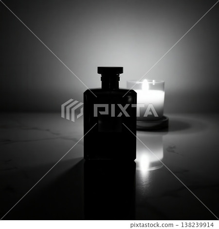 Elegant silhouette of a black perfume bottle on a marble surface next to a glowing scented candle in a dark room. Elegant silhouette of a black perfume bottle on a marble surface next to a glowing scented candle in a dark room. 138239914