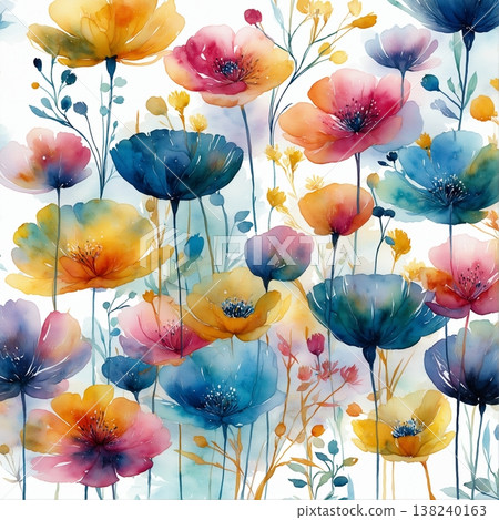 Collection of delicate watercolor wildflower seamless patterns with soft pastel and earthy tones 138240163