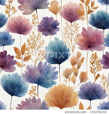Collection of delicate watercolor wildflower seamless patterns with soft pastel and earthy tones 138240238