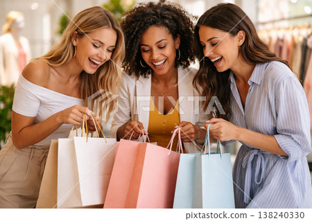 Three happy women looking into shopping bags with excitement in a store 138240330