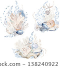 Watercolor coastal arrangements with pastel seashells and plants, illustration for beach wedding 138240922