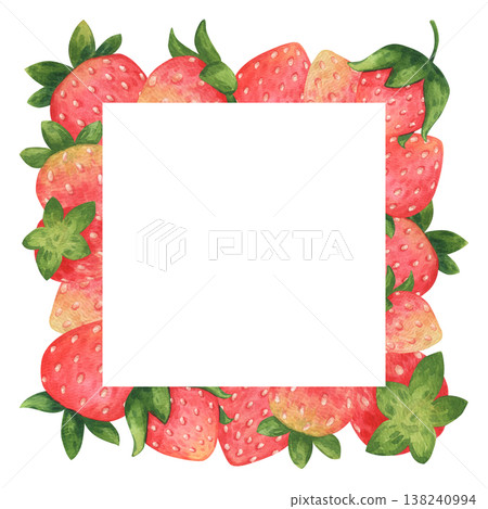 Cute square frame with strawberries. Summer berries in a childish cartoon style.Watercolor illustration hand drawn and isolated on a white background. Ideal for card, poster, packing, other polygraph Cute square frame with strawberries. Summer berries in a childish cartoon style.Watercolor illustration hand drawn and isolated on a white background. Ideal for card, poster, packing, other polygraph 138240994