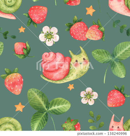 Cute cartoon seamless pattern with snails, strawberries, flowers, leaves, and stars. Garden or forest characters and elements in children style. Watercolor illustration isolated on a green background Cute cartoon seamless pattern with snails, strawberries, flowers, leaves, and stars. Garden or forest characters and elements in children style. Watercolor illustration isolated on a green background 138240996