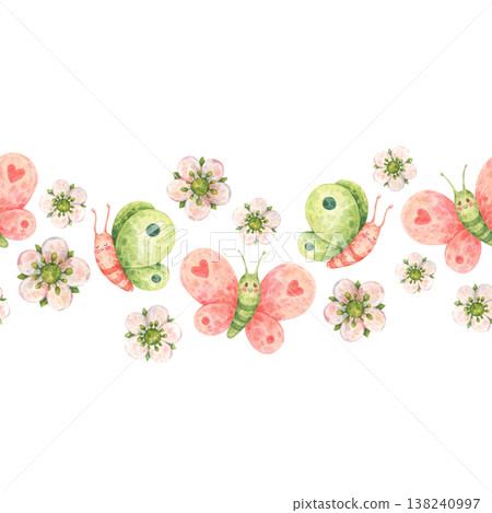 Seamless border with fun butterflies and strawberry flowers in a kids cartoon style. Hand-drawn watercolor illustration isolated on a white background. Ideal for posters, cards, invitations, packaging Seamless border with fun butterflies and strawberry flowers in a kids cartoon style. Hand-drawn watercolor illustration isolated on a white background. Ideal for posters, cards, invitations, packaging 138240997