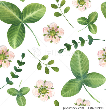 Cute cartoon seamless pattern with twigs, strawberry's leaves, flowers. Garden or forest elements in children style. Watercolor illustration isolated on white background. Ideal for package, textiles Cute cartoon seamless pattern with twigs, strawberry's leaves, flowers. Garden or forest elements in children style. Watercolor illustration isolated on white background. Ideal for package, textiles 138240998
