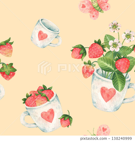 Seamless pattern with strawberry bouquet in cup, mug full of strawberries, empty white cups. Garden or wild berries in cartoon style. Hand-drawn watercolor illustration isolated on yellow background 138240999