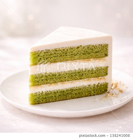 抹茶千層蛋糕，點綴金箔，蛋糕切片插圖，生成式人工智慧 138241008