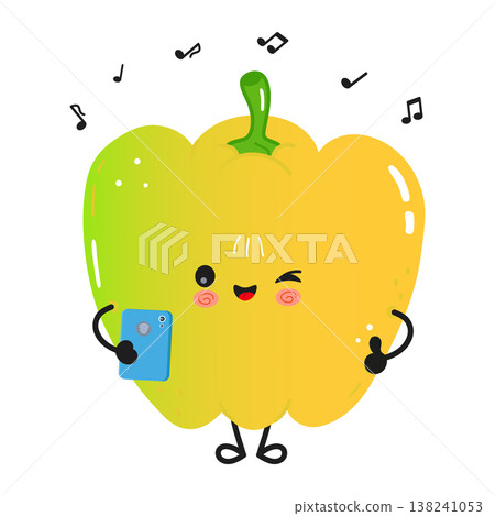 Happy kawaii yellow bell pepper listening music using smartphone Happy kawaii yellow bell pepper listening music using smartphone 138241053