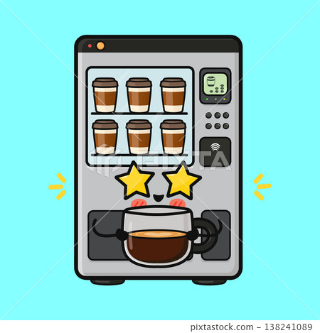 Coffee vending machine mascot feeling excited about a cup 138241089