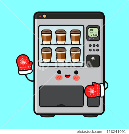 Cute coffee vending machine character with winter mittens Cute coffee vending machine character with winter mittens 138241091