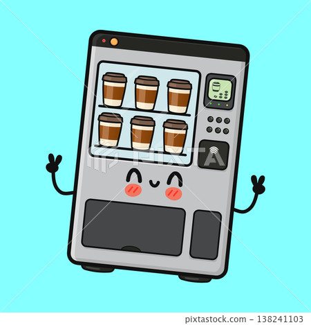 Cute coffee vending machine character waving peace signs 138241103
