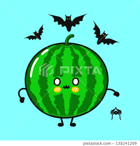 Cute watermelon character celebrating Halloween with bats and spider 138241209