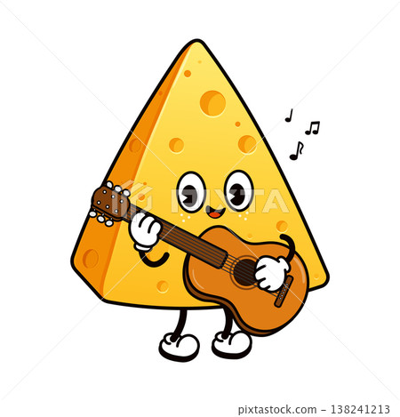 Cute cartoon cheese character playing guitar music 138241213