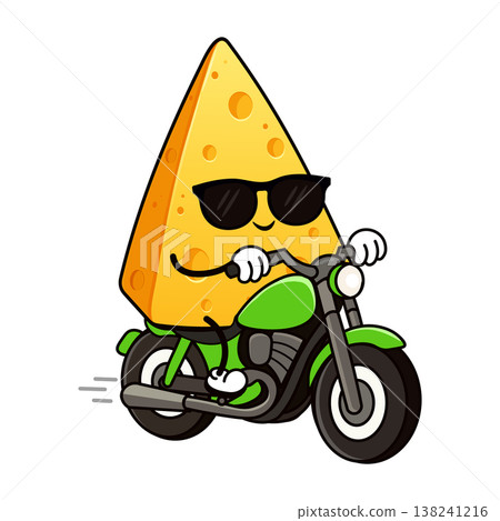 Cheese character riding vintage green motorcycle wearing sunglasses Cheese character riding vintage green motorcycle wearing sunglasses 138241216