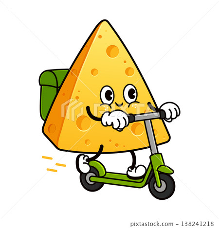 Cute cheese mascot delivering food on electric scooter Cute cheese mascot delivering food on electric scooter 138241218
