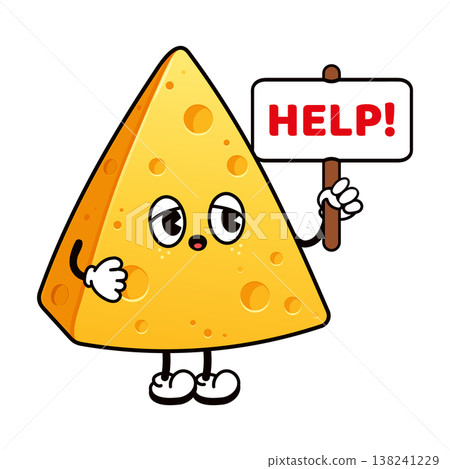 Worried cheese mascot character holding a help sign Worried cheese mascot character holding a help sign 138241229