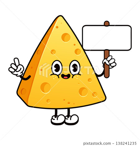 Cartoon cheese mascot holding blank sign for message Cartoon cheese mascot holding blank sign for message 138241235