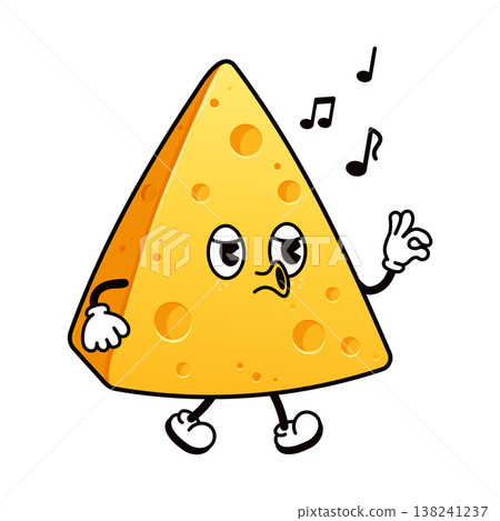 Cheese character whistling song notes in vintage style walk 138241237