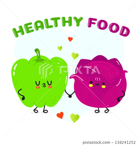 Cute cartoon bell pepper and cabbage holding hands loving healthy food Cute cartoon bell pepper and cabbage holding hands loving healthy food 138241252