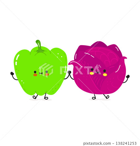Happy cartoon pepper and cabbage holding hands 138241253