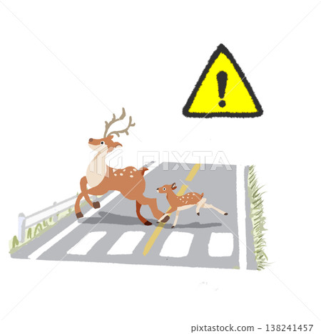 圖:一隻母鹿帶著小鹿過馬路,路邊有警示標誌。警告:動物可能橫越馬路。交通安全宣導資料。 圖:一隻母鹿帶著小鹿過馬路,路邊有警示標誌。警告:動物可能橫越馬路。交通安全宣導資料。 138241457