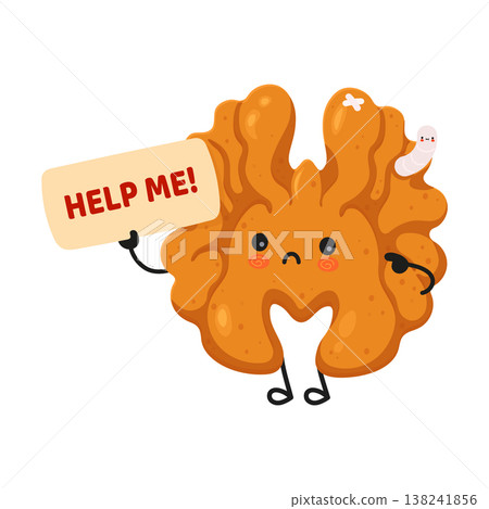 Sad walnut character holding help me sign with worm 138241856