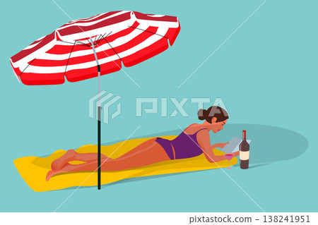Woman Sunbathing on Beach Towels, Summer Vacation and Leisure Concept, Flat Vector Illustration of Friends Relaxing with Wine and Book, Tropical Holiday Lifestyle Woman Sunbathing on Beach Towels, Summer Vacation and Leisure Concept, Flat Vector Illustration of Friends Relaxing with Wine and Book, Tropical Holiday Lifestyle 138241951